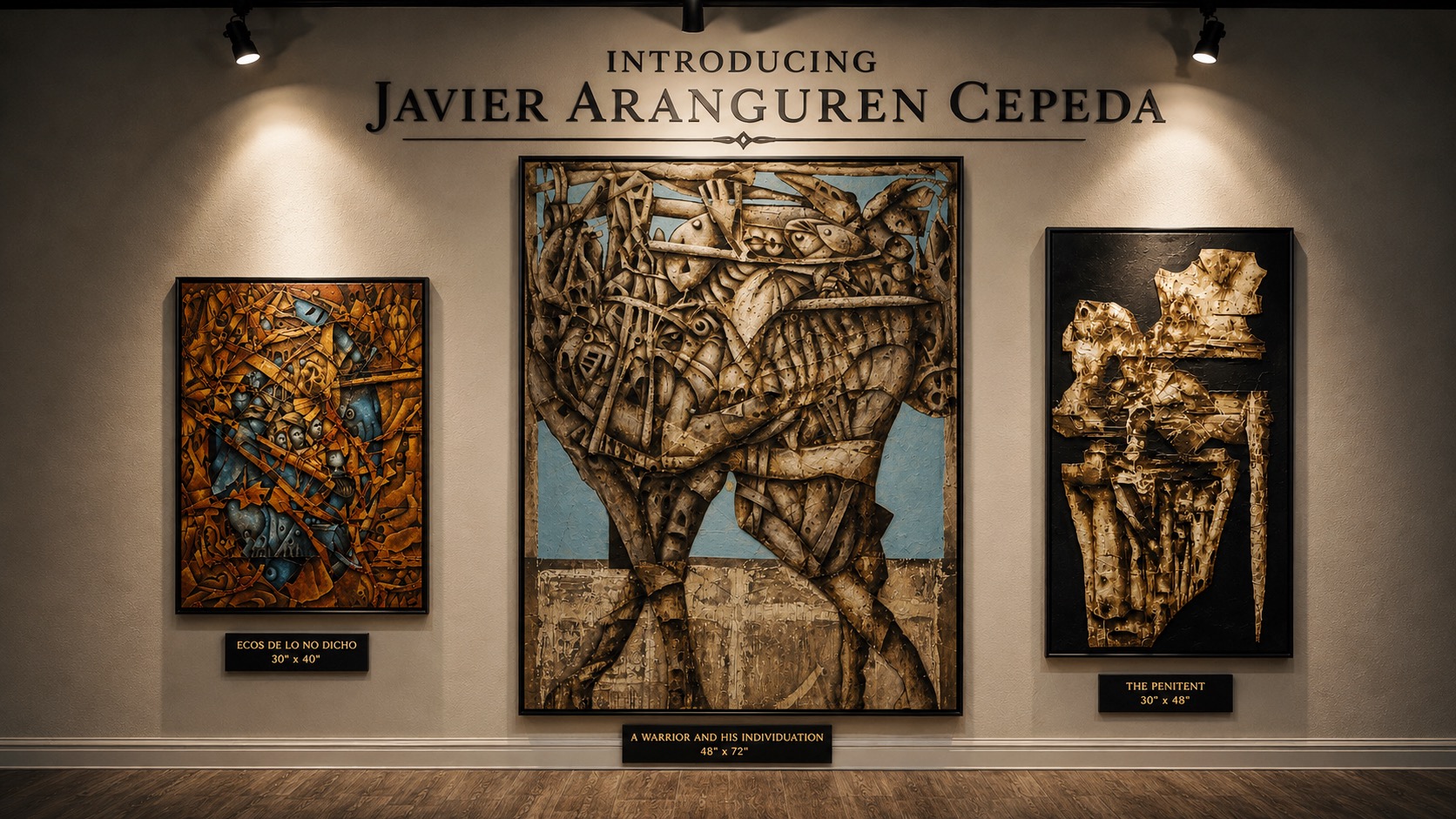 Introducing Javier Aranguren Cepeda gallery wall featuring A Warrior and his Individuation, Ecos de lo no Dicho, and The Penitent