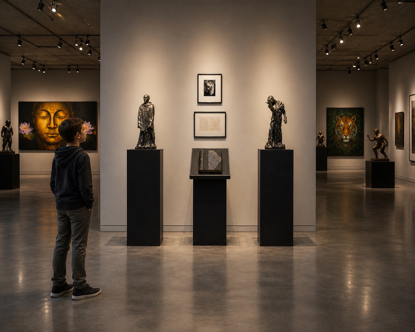 Curated gallery interior with sculpture, painting, and historically significant objects